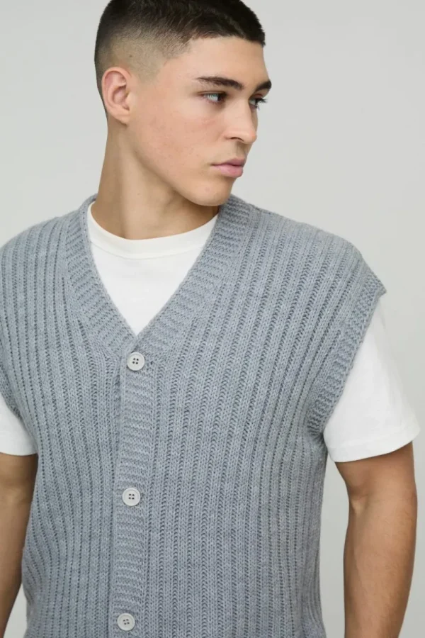 boohooMAN Oversized V Neck Knitted Vest | Knitwear | Going Out Knitwear