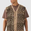 boohooMAN Oversized V Neck Leopard Button Through Knitted Vest | Knitwear | Going Out Knitwear