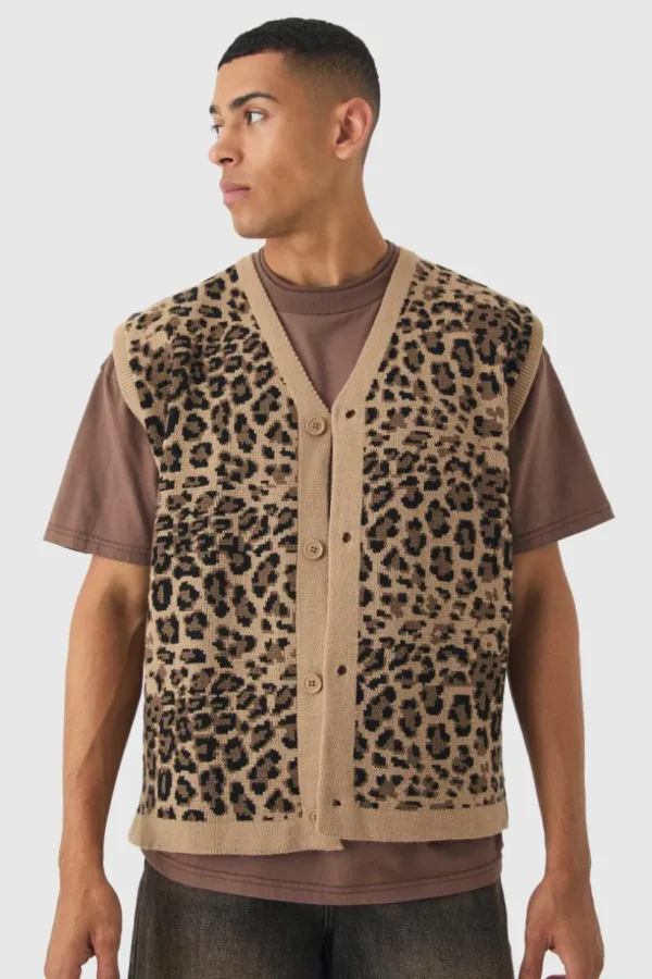 boohooMAN Oversized V Neck Leopard Button Through Knitted Vest | Knitwear | Going Out Knitwear