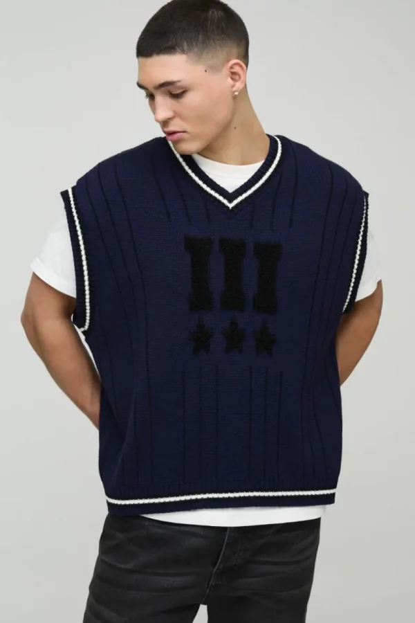 boohooMAN Oversized V Neck Varsity Stripe Knitted Vest | Knitwear | Going Out Knitwear