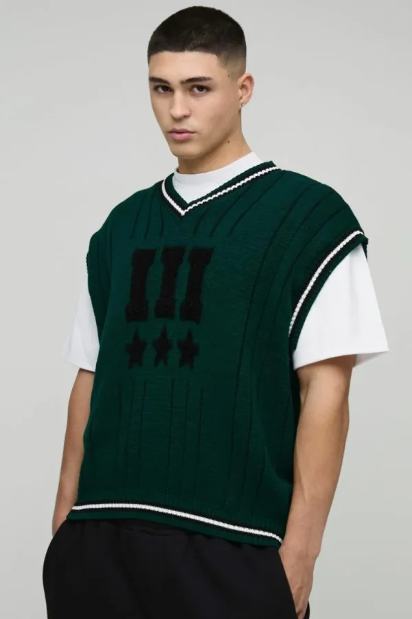 boohooMAN Oversized V Neck Varsity Stripe Knitted Vest | Knitwear | Going Out Knitwear