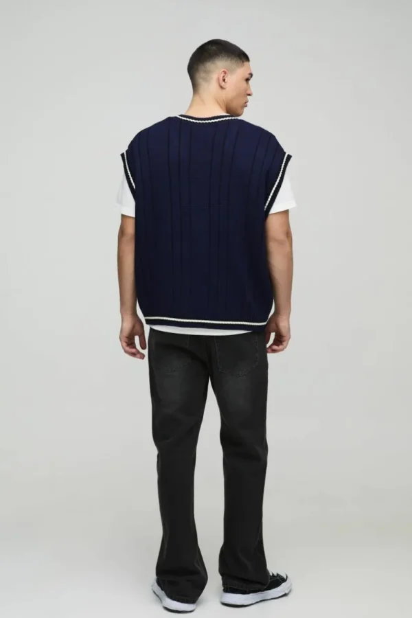 boohooMAN Oversized V Neck Varsity Stripe Knitted Vest | Knitwear | Going Out Knitwear