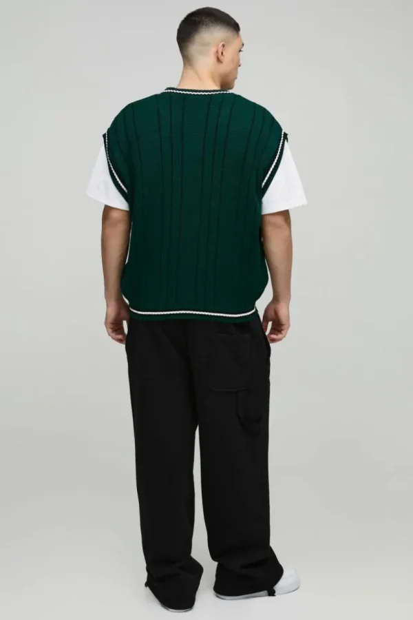 boohooMAN Oversized V Neck Varsity Stripe Knitted Vest | Knitwear | Going Out Knitwear