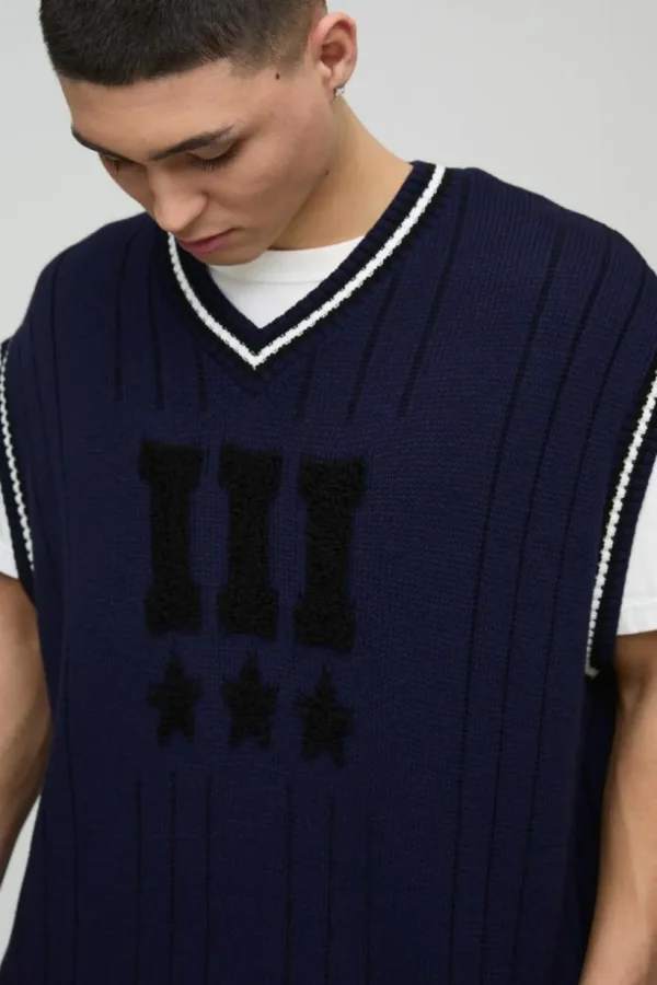 boohooMAN Oversized V Neck Varsity Stripe Knitted Vest | Knitwear | Going Out Knitwear