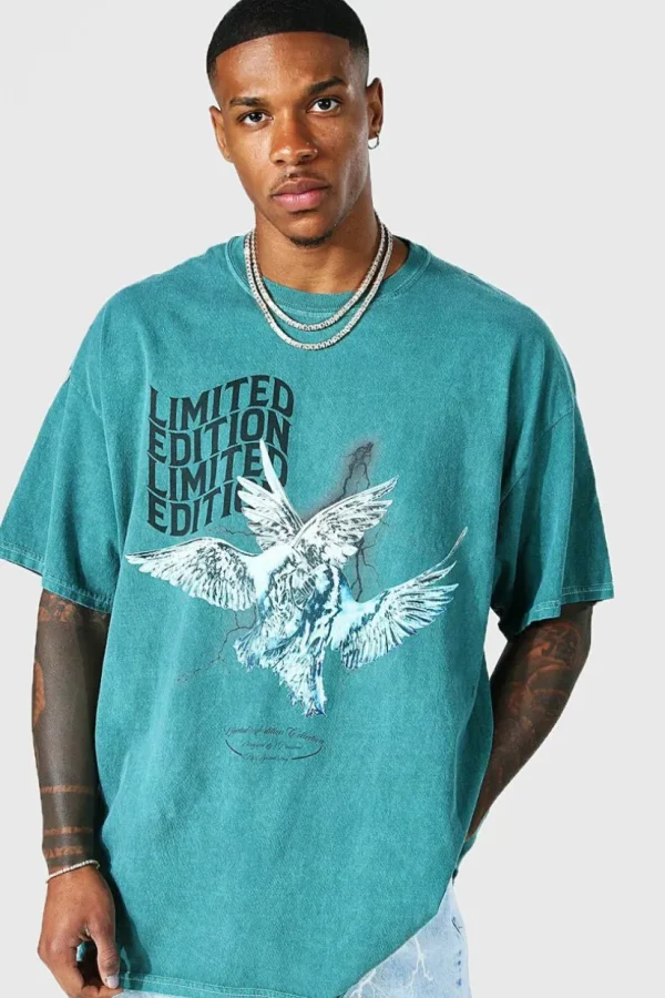 boohooMAN Oversized Washed Dove Graphic T-Shirt | T-Shirts