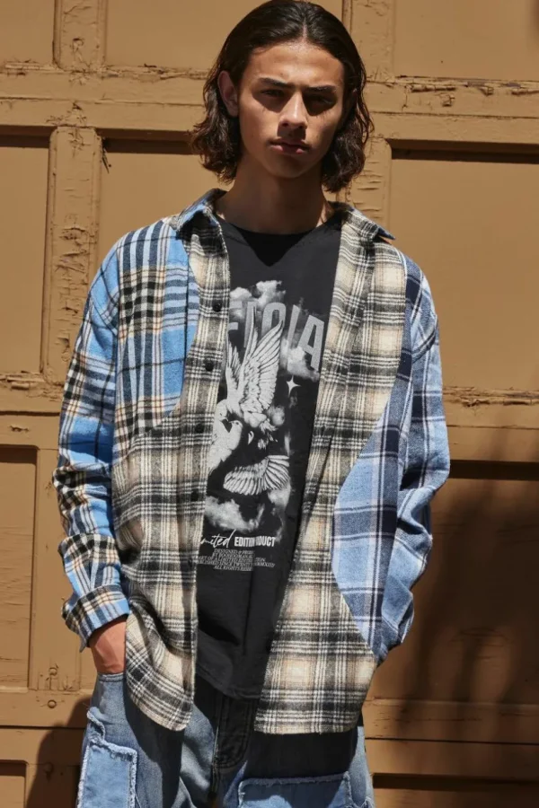 boohooMAN Oversized Waved Spliced Check Shirt | Shirts | Going Out Shirts