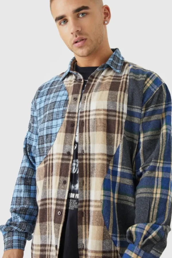 boohooMAN Oversized Waved Spliced Check Shirt | Shirts | Going Out Shirts