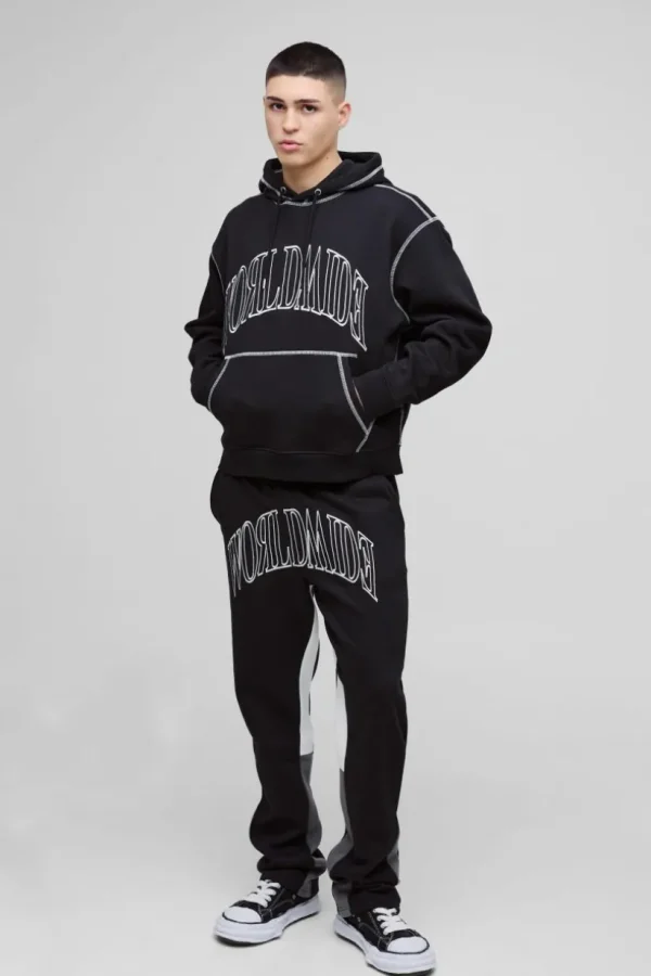 boohooMAN Oversized Worldwide Contrast Stitch Gusset Tracksuit | Tracksuits