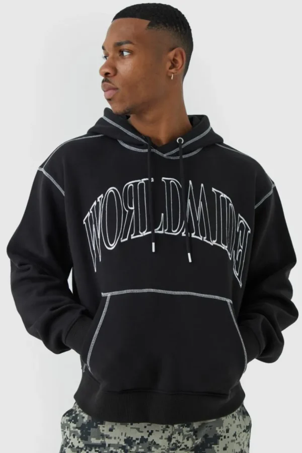 boohooMAN Oversized Worldwide Contrast Stitch Hoodie | Hoodies & Sweats