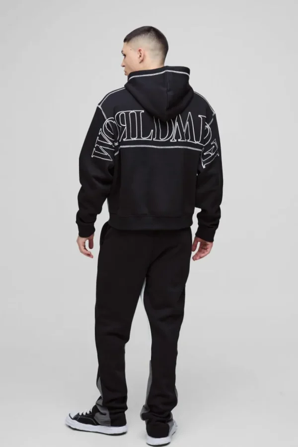 boohooMAN Oversized Worldwide Contrast Stitch Gusset Tracksuit | Tracksuits