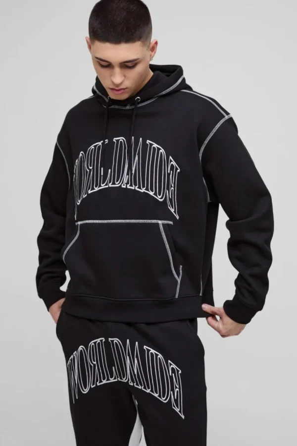 boohooMAN Oversized Worldwide Contrast Stitch Gusset Tracksuit | Tracksuits