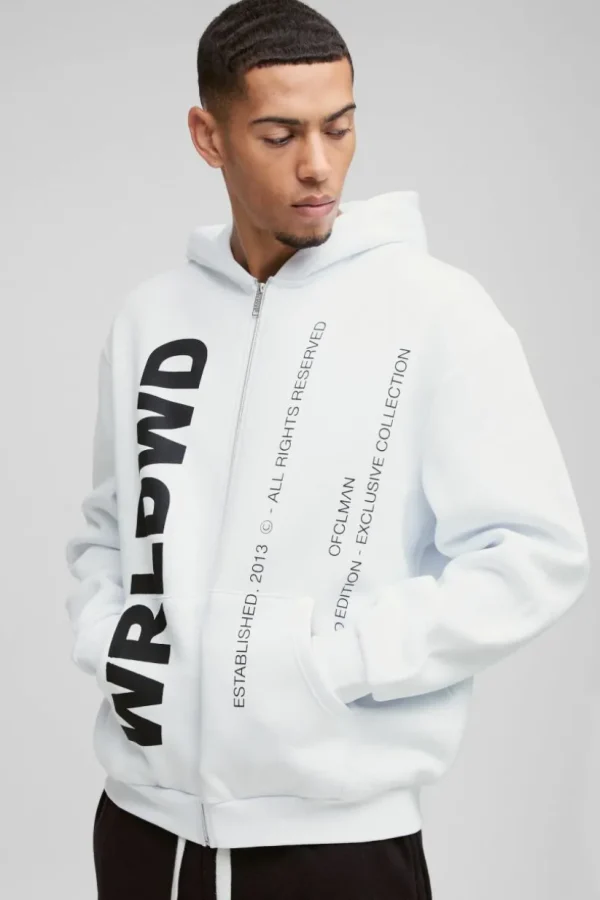 boohooMAN Oversized Worldwide Text Zip Through Hoodie | Hoodies & Sweats