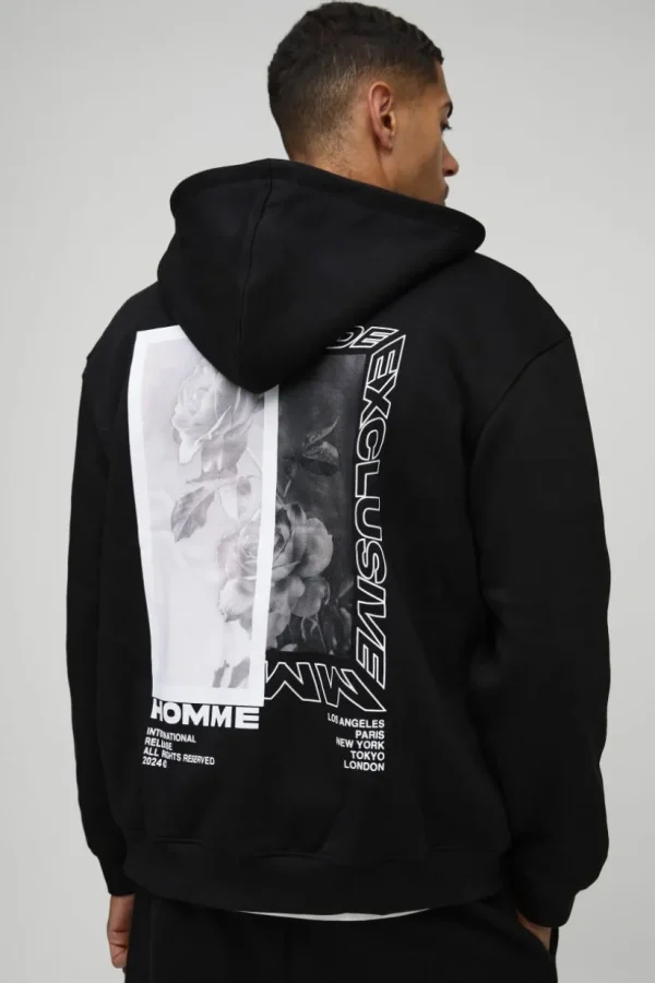 boohooMAN Oversized Zip Through Monochrome Floral Print Hoodie | Hoodies & Sweats