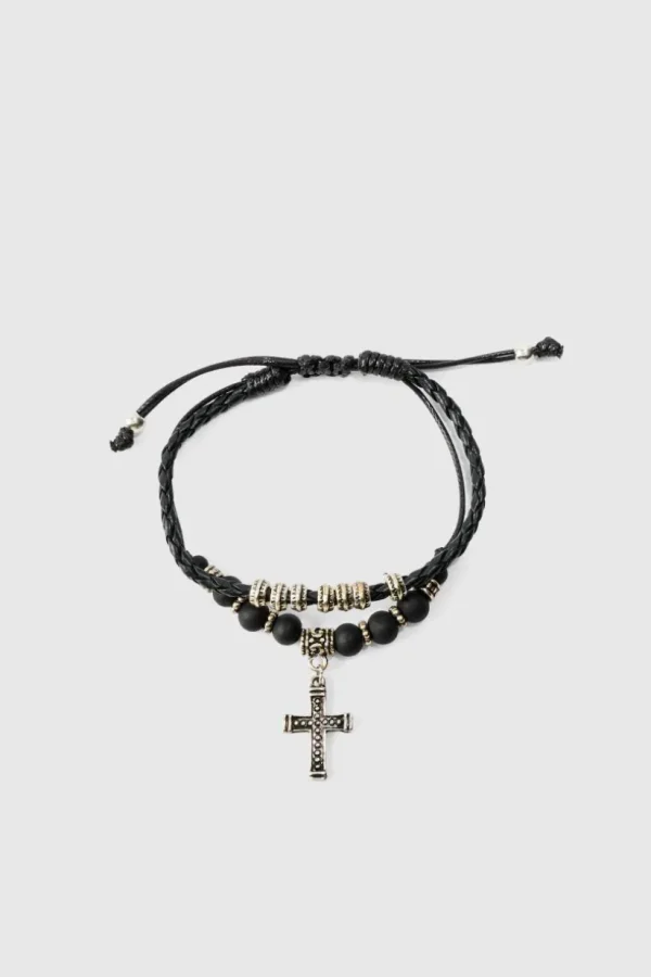 boohooMAN 2 Pack Adjustable Cross Pendant Bracelets In | Jewellery & Watches