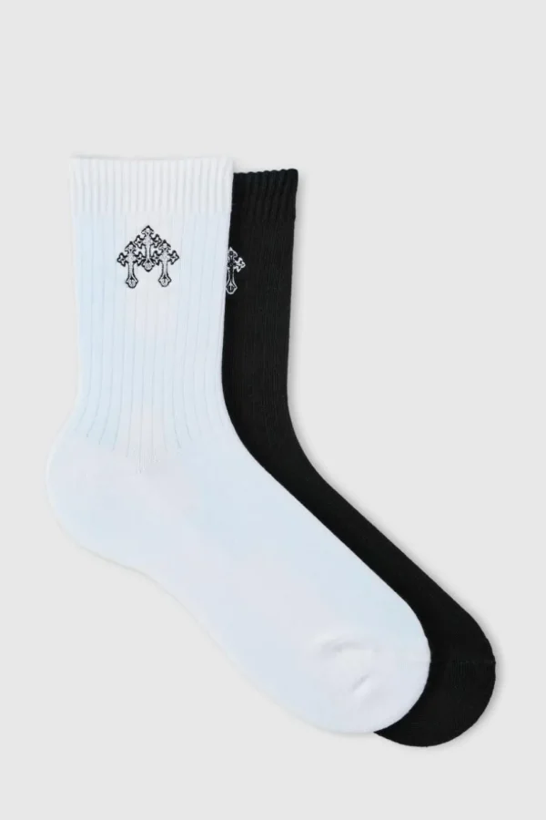 boohooMAN 2 Pack Cross Embroidered Socks | Underwear & Socks | Underwear & Socks