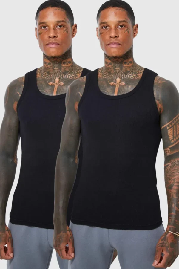 boohooMAN 2 Pack Muscle Fit Ribbed Vest | Going Out