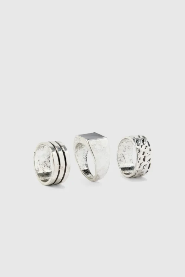 boohooMAN 3 Pack Stone Embossed Rings | Jewellery & Watches