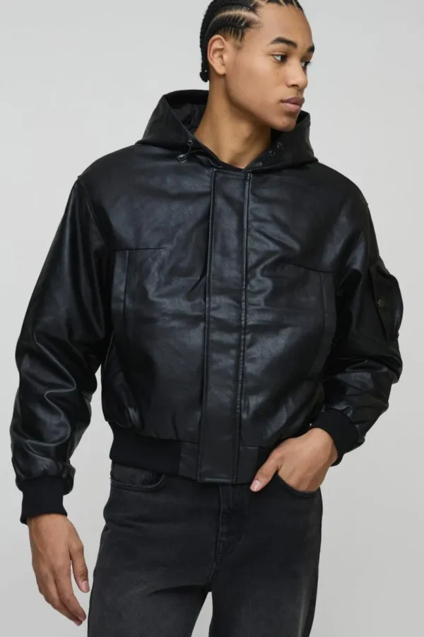 boohooMAN Padded Hooded PU Bomber Jacket In | Man | Coats & Jackets