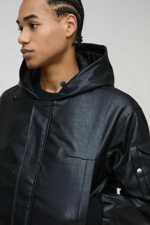 boohooMAN Padded Hooded PU Bomber Jacket In | Man | Coats & Jackets