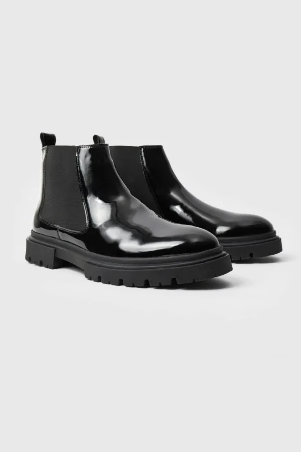 boohooMAN Patent Chelsea Boots With Track Sole | Boots | Footwear