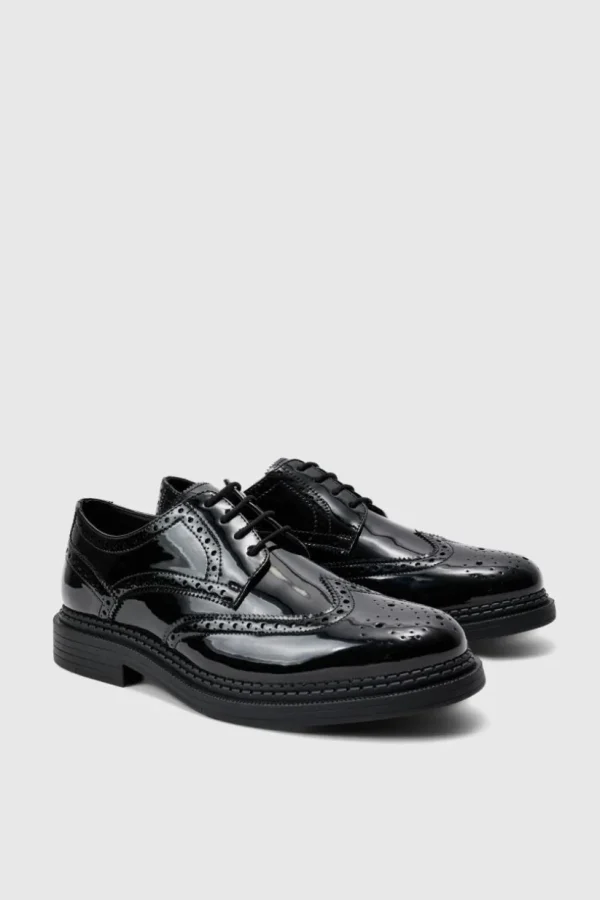 boohooMAN Patent Pu Lace Up Brogues In | Footwear