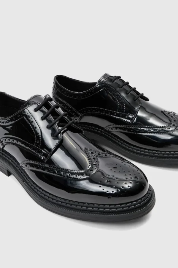 boohooMAN Patent Pu Lace Up Brogues In | Footwear