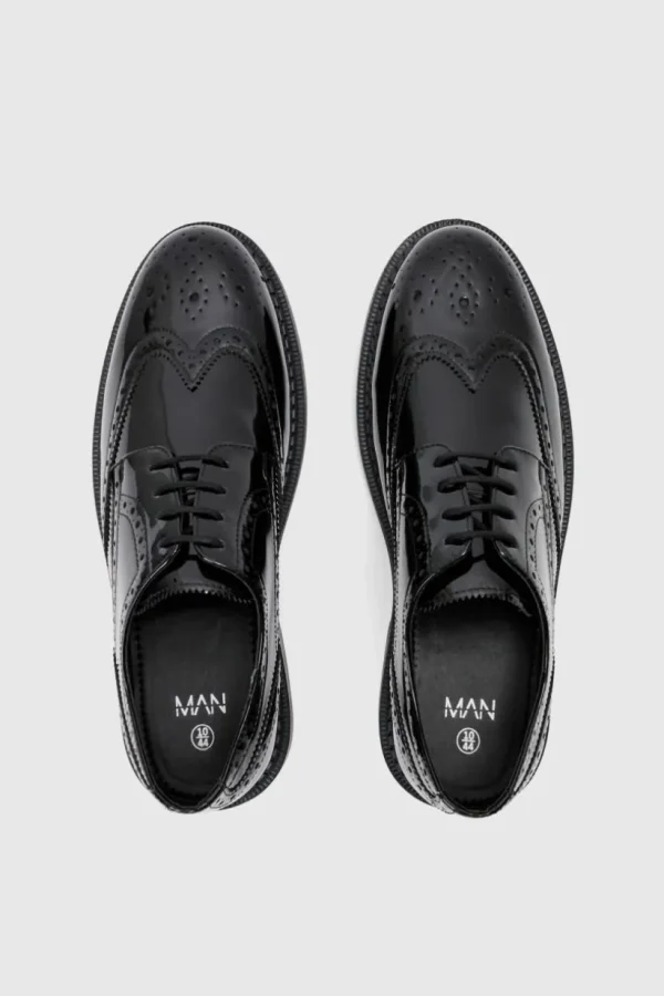 boohooMAN Patent Pu Lace Up Brogues In | Footwear