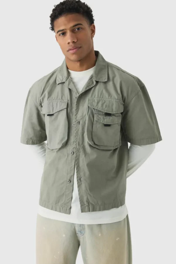 boohooMAN Peached Twill Utility Short Sleeve Shirt | Shirts | Going Out Shirts