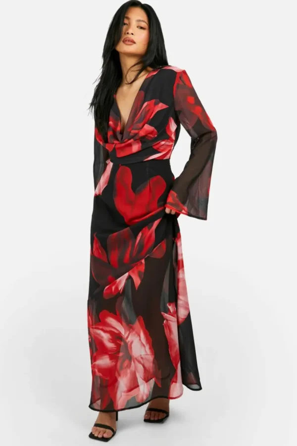 boohoo Petite Bold Floral Cowl Detail Maxi Dress | Women Shirts | Foundation