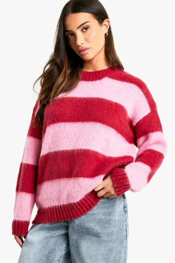 boohoo Petite Brushed Striped Oversized Knitted Jumper | Women Shirts | Foundation