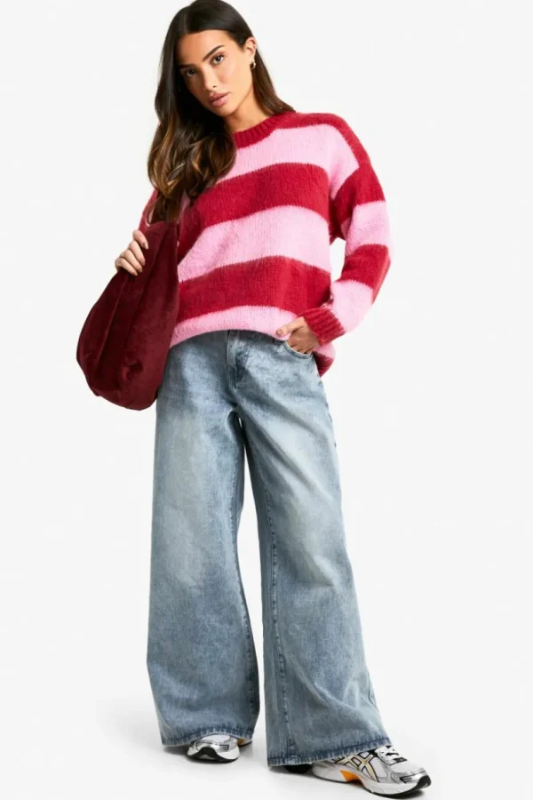 boohoo Petite Brushed Striped Oversized Knitted Jumper | Women Shirts | Foundation