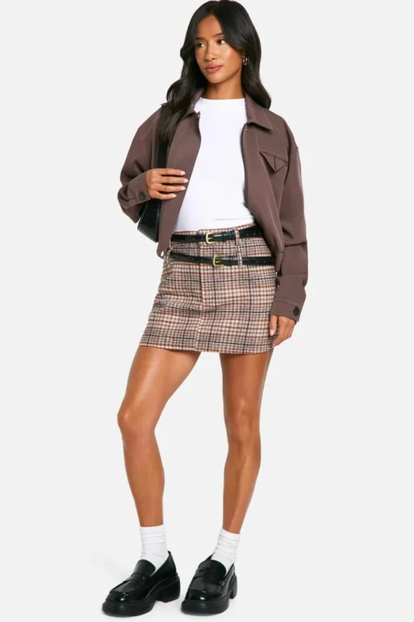 boohoo Petite Check Wool Look Longline Coat & Micro Mini Skirt Set | Women Shirts | Foundation