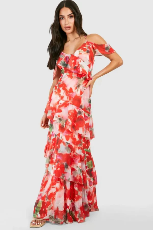 boohoo Petite Chiffon Tiered Ruffle Floral Maxi Dress | Women Shirts | Foundation