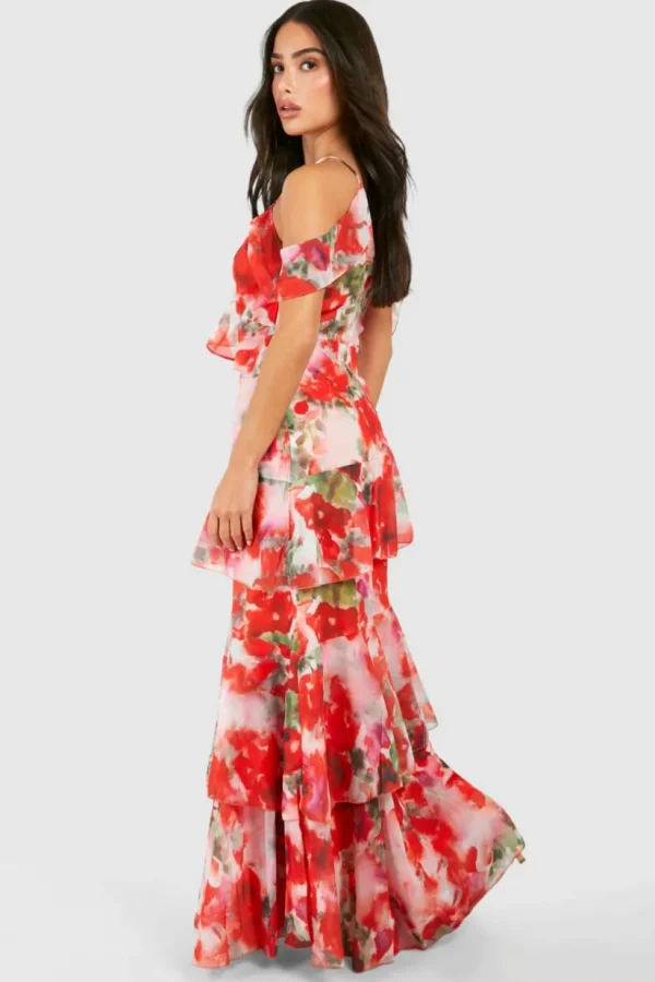 boohoo Petite Chiffon Tiered Ruffle Floral Maxi Dress | Women Shirts | Foundation