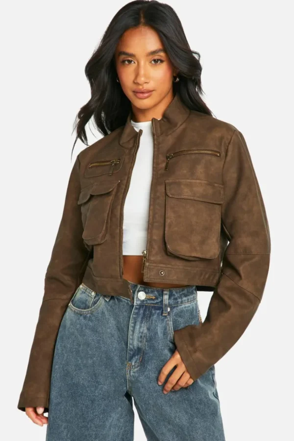 boohoo Petite Cropped Pocket Detail Faux Leather Biker Jacket | Women Shirts | Foundation