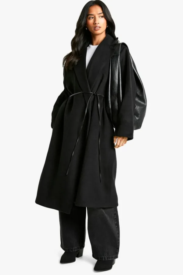 boohoo Petite Faux Leather Belt Wool Look Coat | Women Shirts | Foundation