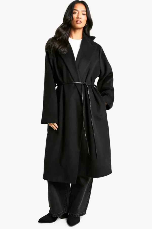 boohoo Petite Faux Leather Belt Wool Look Coat | Women Shirts | Foundation