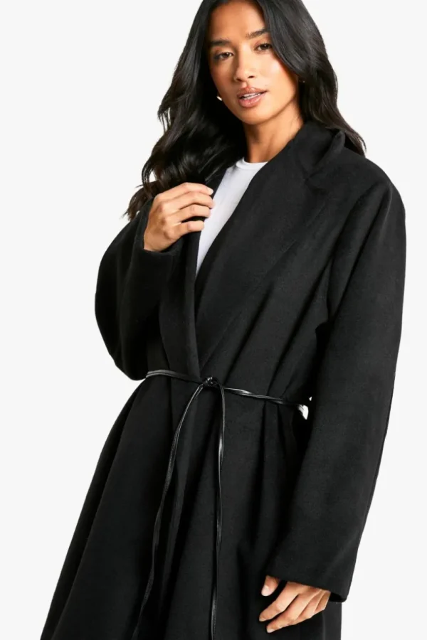 boohoo Petite Faux Leather Belt Wool Look Coat | Women Shirts | Foundation