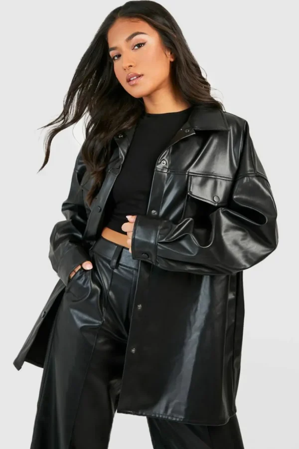 boohoo Petite Faux Leather Oversized Shacket | Women Shirts | Foundation