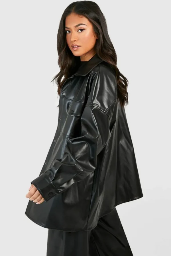 boohoo Petite Faux Leather Oversized Shacket | Women Shirts | Foundation