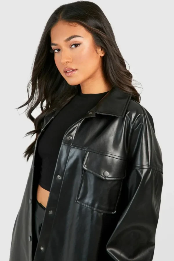 boohoo Petite Faux Leather Oversized Shacket | Women Shirts | Foundation