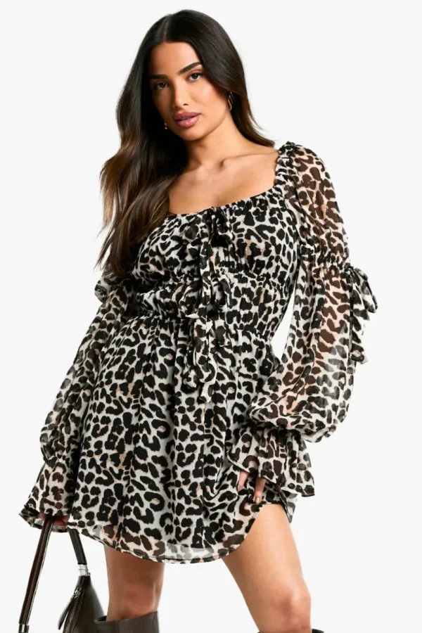 boohoo Petite Leopard Chiffon Ruffle Mini Dress | Women Shirts | Foundation