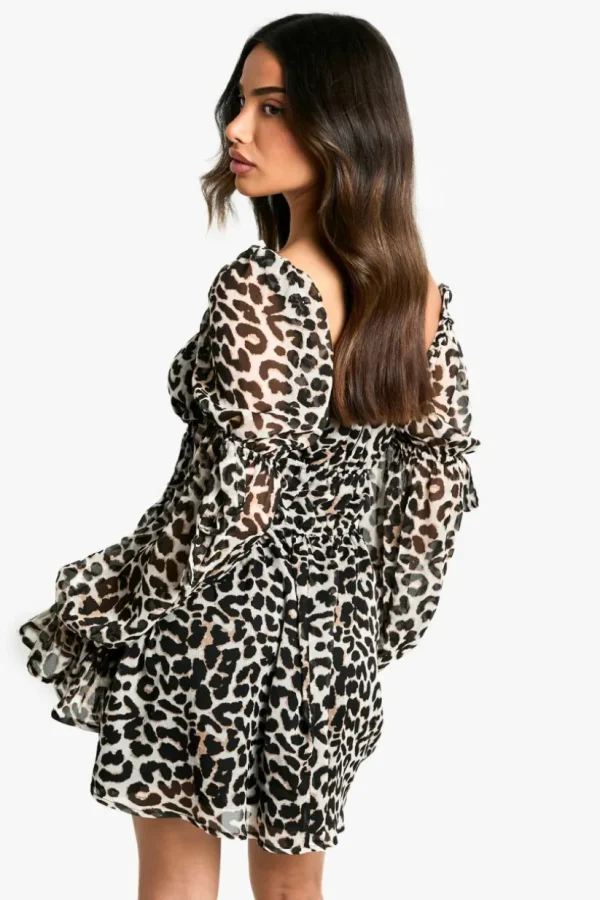 boohoo Petite Leopard Chiffon Ruffle Mini Dress | Women Shirts | Foundation