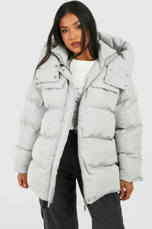 boohoo Petite Oversized Pocket Detail Puffer Jacket | Women Shirts | Foundation