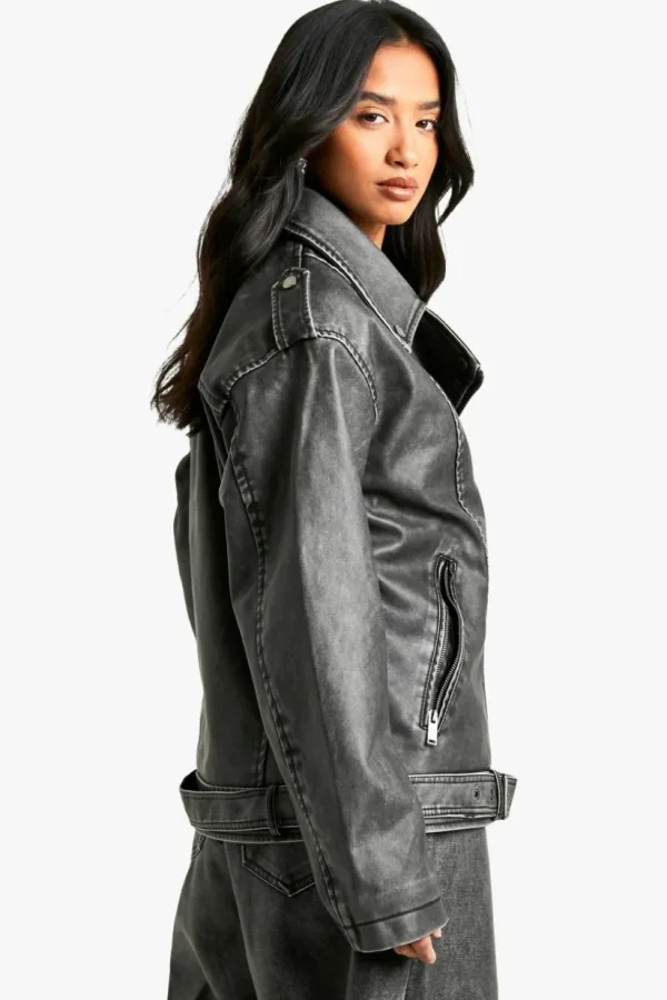 boohoo Petite Oversized Vintage Faux Leather Biker Jacket | Women Shirts | Foundation