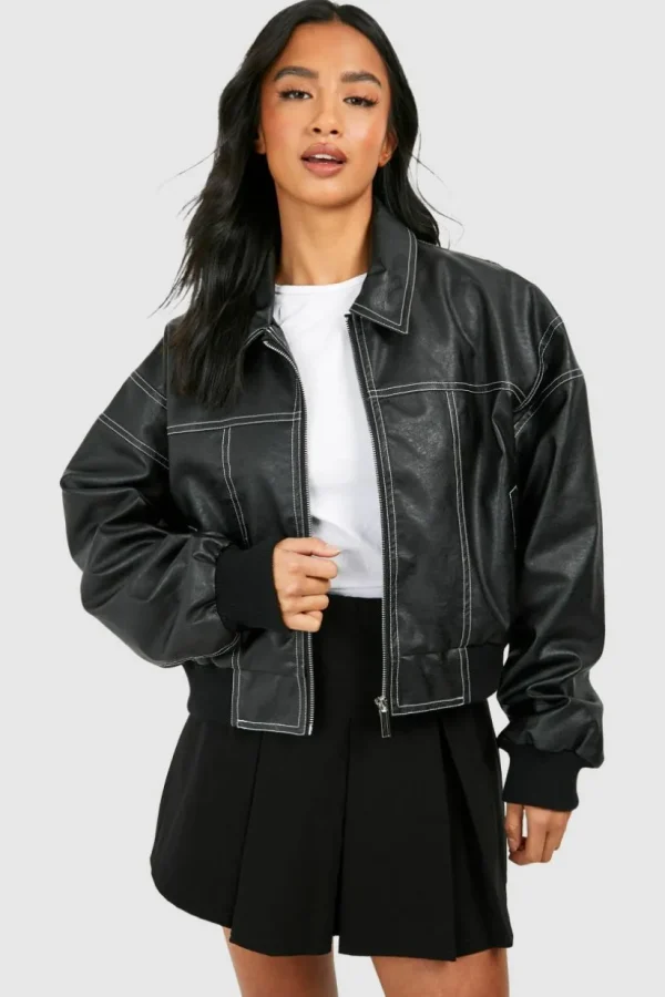 boohoo Petite Pu Contrast Stitch Cropped Bomber Jacket | Women Shirts | Foundation