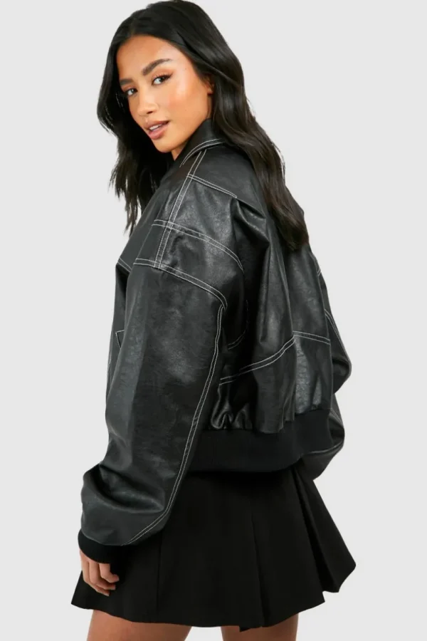 boohoo Petite Pu Contrast Stitch Cropped Bomber Jacket | Women Shirts | Foundation