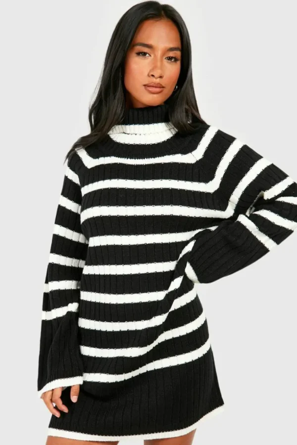 boohoo Petite Roll Neck Wide Sleeve Stripe Jumper Dress | Women Shirts | Foundation