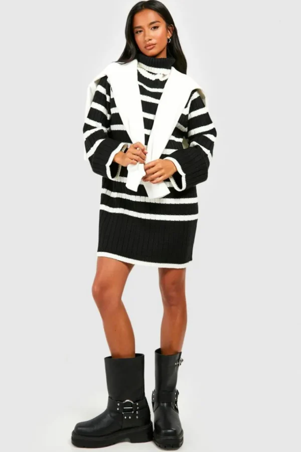 boohoo Petite Roll Neck Wide Sleeve Stripe Jumper Dress | Women Shirts | Foundation