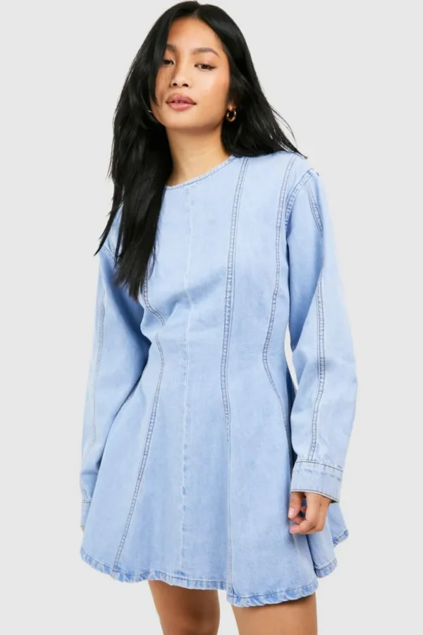 boohoo Petite Seam Detail Denim Skater Dress | Women Shirts | Foundation